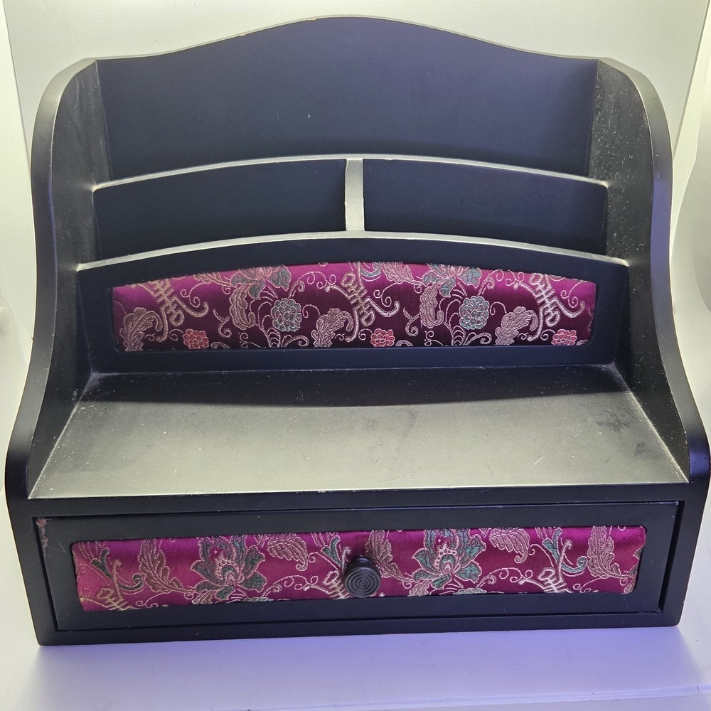 Vintage Asian Style EHI Black Desk Organizer Purple Brocade Fabric Drawer...